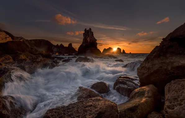 Picture sunset, stones, the ocean, rocks, surf, Spain, Spain, The Bay of Biscay