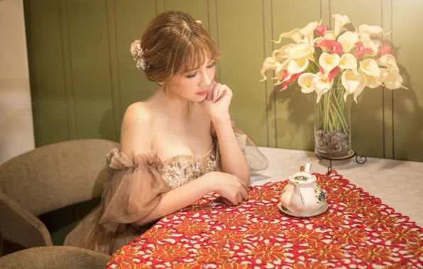 Girl, flowers, bouquet, Asian, sitting, table, Calla lilies