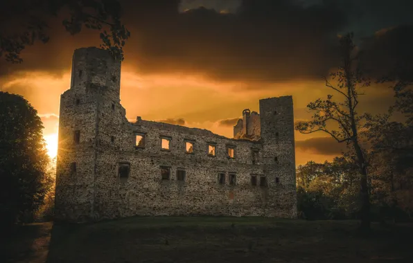 Trees, sunset, clouds, house, the building, Windows, the evening, old