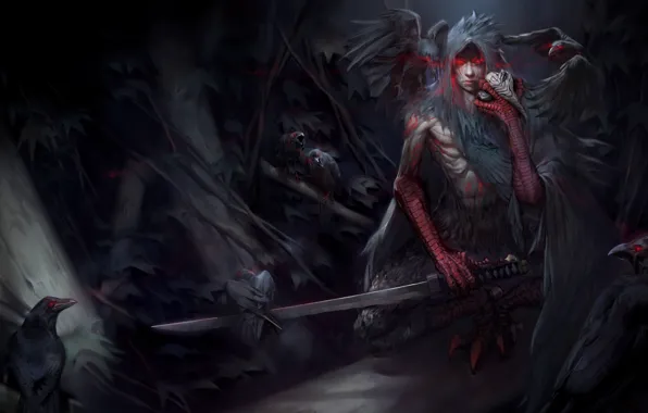 Picture look, weapons, bird, wings, feathers, fantasy, art, dark fantasy