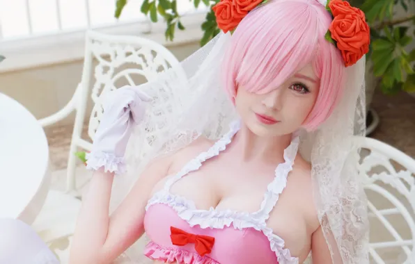 Girl, sexy, cleavage, pink hair, boobs, smile, beautiful, short hair