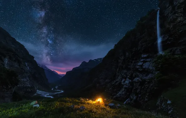 The sky, stars, light, mountains, night, valley, tent, the milky way