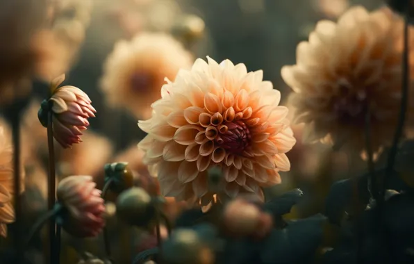 Light, flowers, garden, buds, bokeh, composition, cream, dahlias