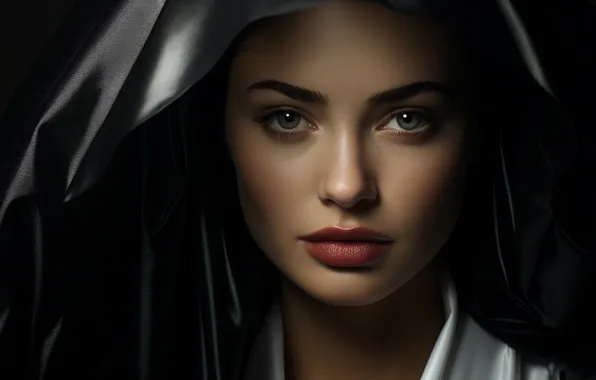 Picture look, girl, face, portrait, makeup, black background, Cape, red lipstick