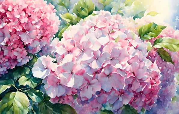 Flowers, pink, hydrangea, AI art, neural network