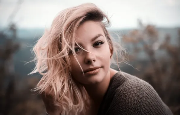 Girl, portrait, makeup, hairstyle, blonde, beautiful, bokeh, jumper