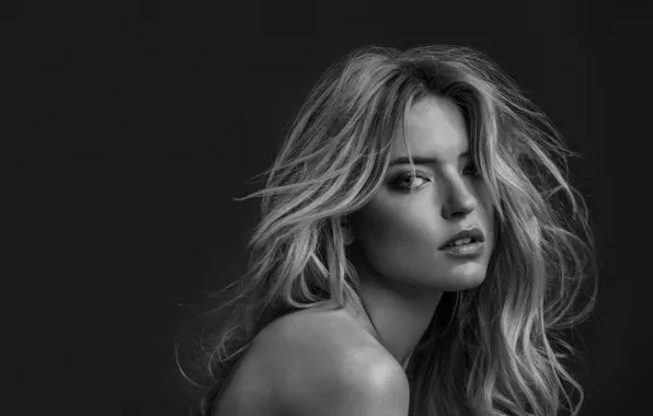 Model, hair, blonde, black background, black and white, Martha Hunt, Martha Hunt