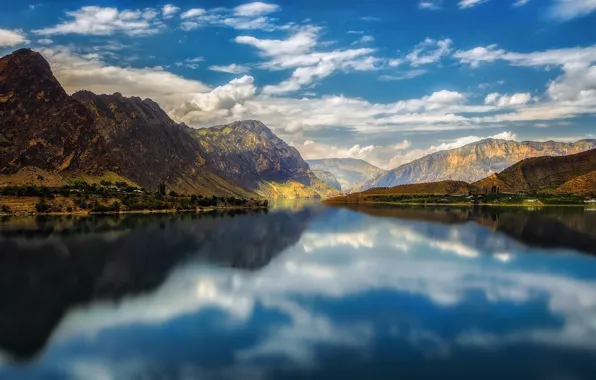 Picture sky, trees, landscape, nature, mountains, clouds, lake, reflection