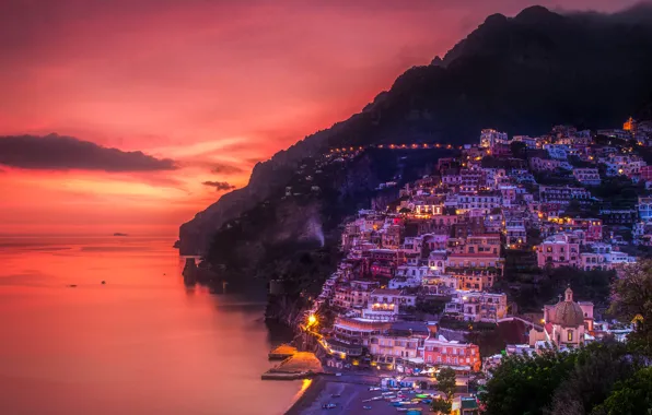 Sea, mountains, night, lights, rocks, Italy, Positano