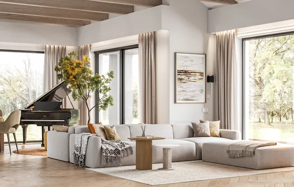 Design, style, Villa, interior, piano, living room, upholstered furniture