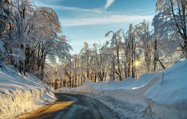 Winter, frost, road, forest, the sky, the sun, clouds, rays