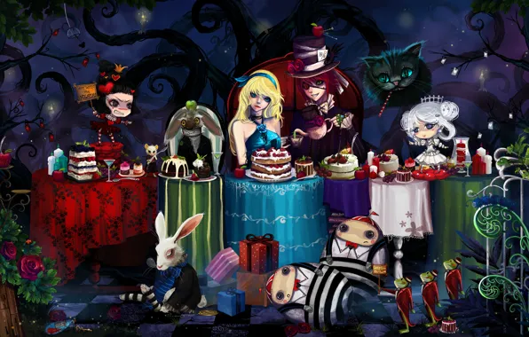 Mouse, rabbit, tables, frogs, cake, Alice in Wonderland, Hatter, Cheshire