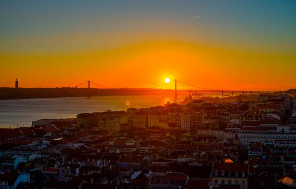 Picture sunset, roof, Portugal, Lisbon, orange sky, 25 de Abril Bridge, the Tagus river