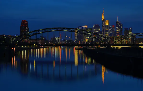 Picture night, bridge, lights, river, home, Germany, promenade, Frankfurt am main