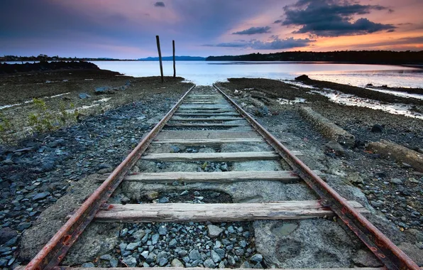 Lake, stones, rails, horizon, sleepers