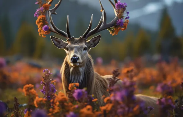 Picture flowers, nature, deer, AI art, neural network