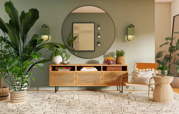 Room, carpet, interior, plants, chair, mirror, living room