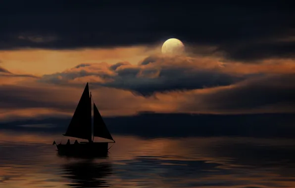 Picture night, the moon, boat