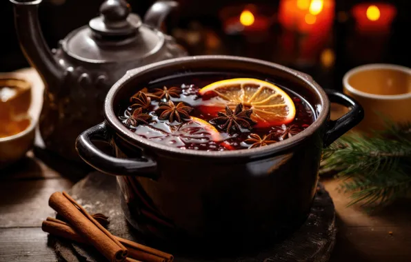 The dark background, table, oranges, Christmas, New year, pan, drink, cinnamon