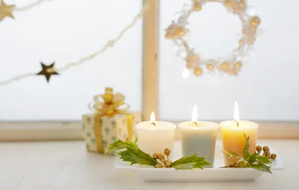 Leaves, sprig, holiday, box, gift, new year, branch, candles