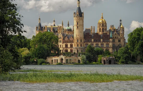 Picture trees, lake, castle, Germany, architecture, Germany, Schwerin, Schwerin castle