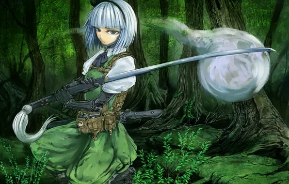 Forest, spirit, katana, gloves, bow, touhou, white hair, Myon