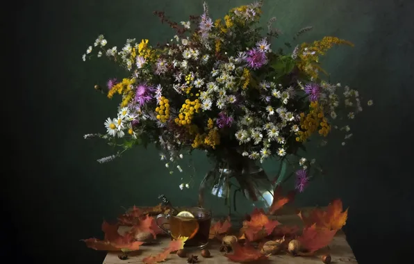 Glass, leaves, flowers, lemon, tea, chamomile, bouquet, yellow