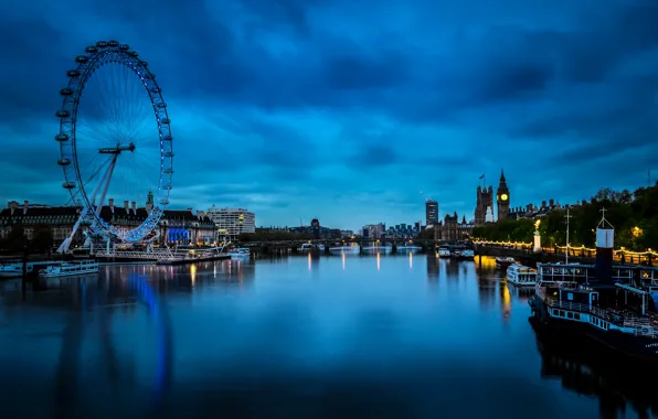 Night, bridge, lights, river, boat, London, home, boat