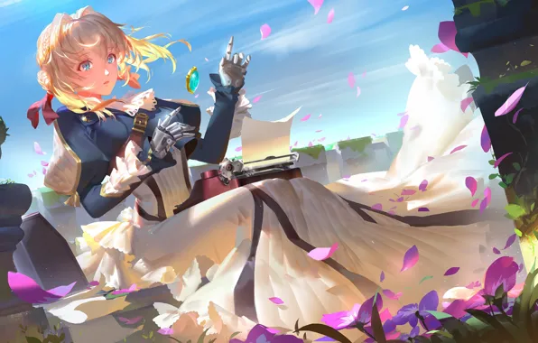 Girl, flowers, anime, art, cyborg, Violet Evergarden
