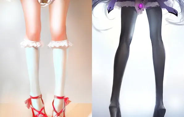 Girl, feet, stockings, anime, art, mahou shoujo madoka magica, homura akemi, madoka kaname