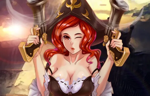 Picture chest, girl, weapons, art, league of legends, winks, miss fortune, crazed