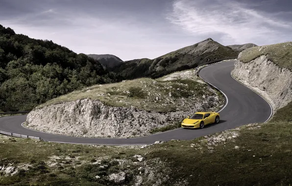 Picture Auto, Road, Yellow, Ferrari, Turn, Ferrari, 458, Italia