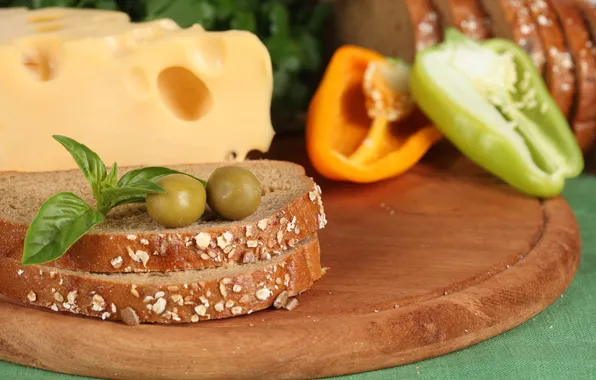 Cheese, bread, pepper, olives, slices, products