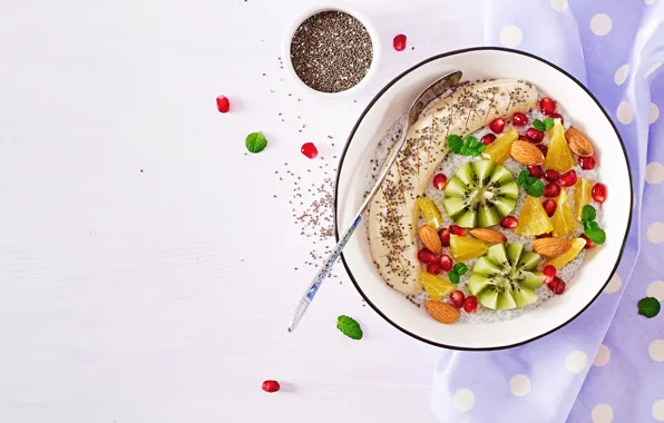 Breakfast, fruit, nuts, banana, garnet, pudding, Chia, Timolina