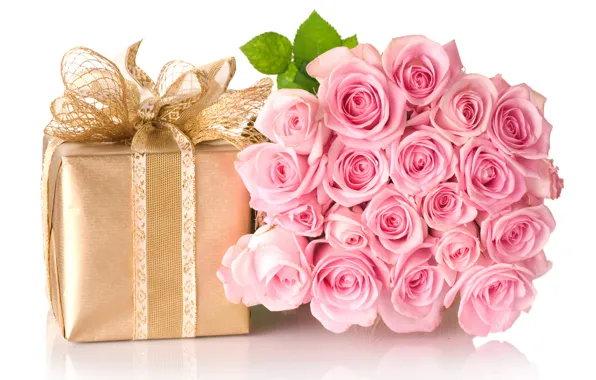 Flowers, box, gift, bouquet, bow, roses. pink