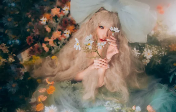 Look, girl, flowers, pose, style, treatment, blur, doll