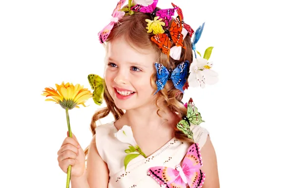 Picture flower, butterfly, flowers, sunflower, Girl, blonde, girl, curls