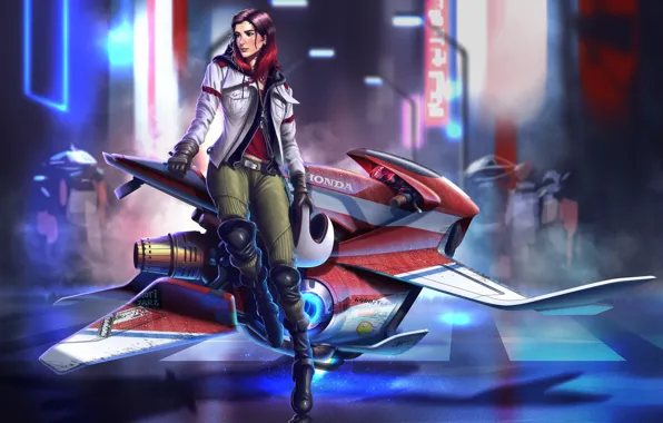 Girl, The city, Future, Motorcycle, Honda, Fantasy, Art, Fiction