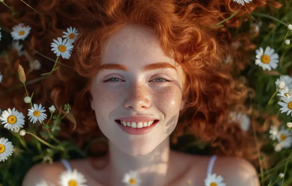 Picture young, flowers, look, freckles, AI art, face, glade, curls