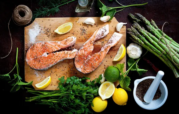 Picture greens, lemon, fish, Board, spices, asparagus