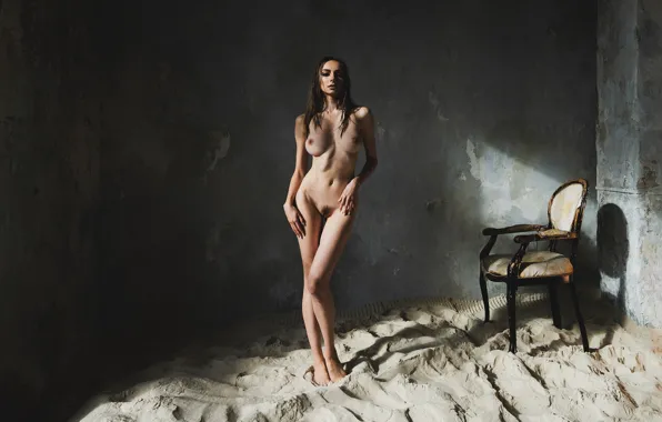 Sand, chest, look, pose, wall, model, naked, body