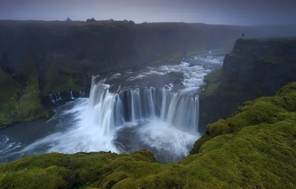 Fog, open, rocks, shore, people, waterfall, stream, Iceland