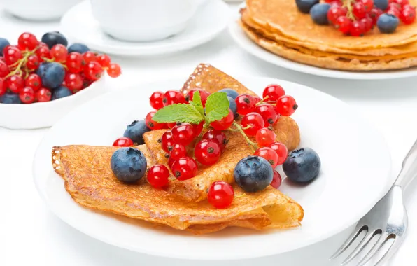 Picture berries, pancakes, blueberries, red currant