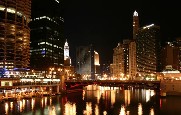 Night, bridge, city, home, Chicago, Chicago, skyscrapers, river.