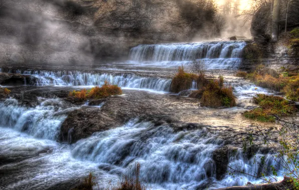 Autumn, forest, fog, stones, rocks, waterfall, cascade, the rapid flow
