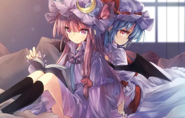 Girls, bed, wings, book, touhou, remilia scarlet, art, reads