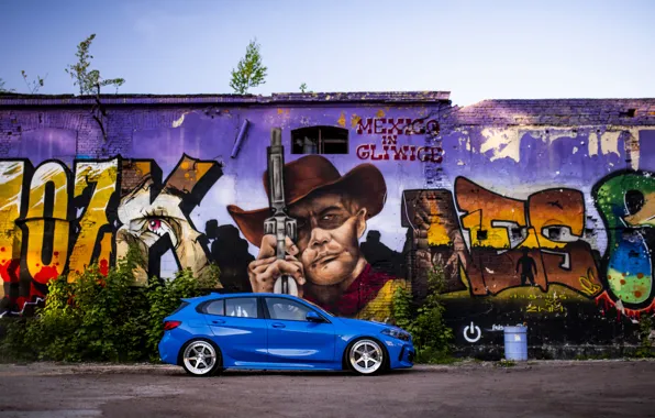 BMW, Blue, Graffiti, Side, 1 Series, BMW 1 Series, JR Wheels