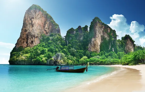 Beach, ocean, island, sand, paradise, boat, tropical, travel