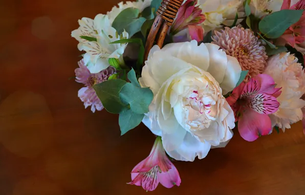 Leaves, flowers, Lily, Bouquet, chrysanthemum, peonies