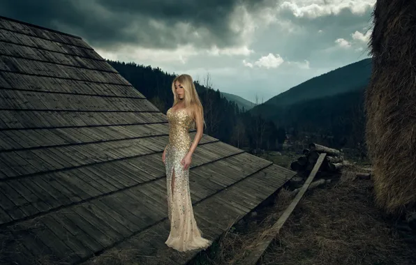 Roof, forest, girl, landscape, mountains, sexy, Board, the evening